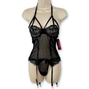 Exposed NEW Black Sheer Bonnie Merry Widow Camisole & G-String Set Womens Sz S/M